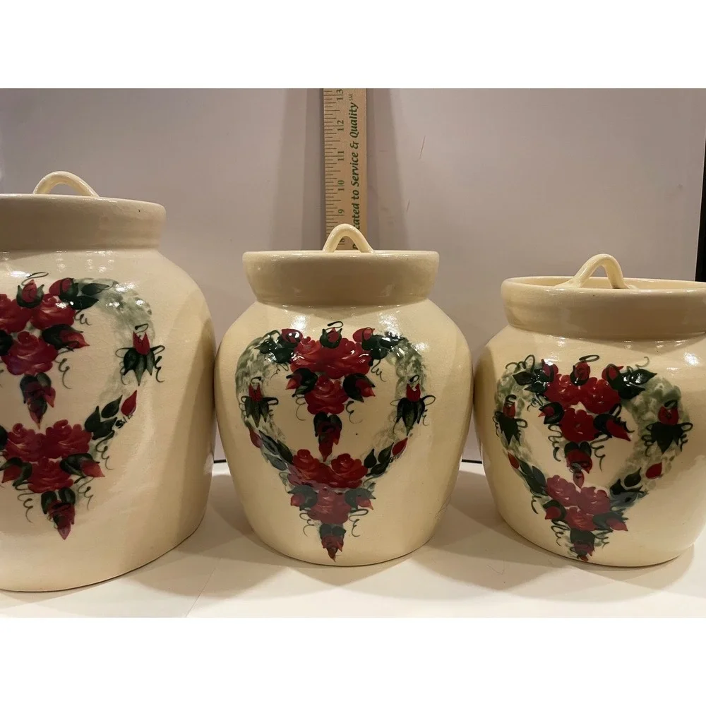 East Texas Pottery Canister Set Pitcher Crock Cream Red Rose Heart 6pc Excellent
